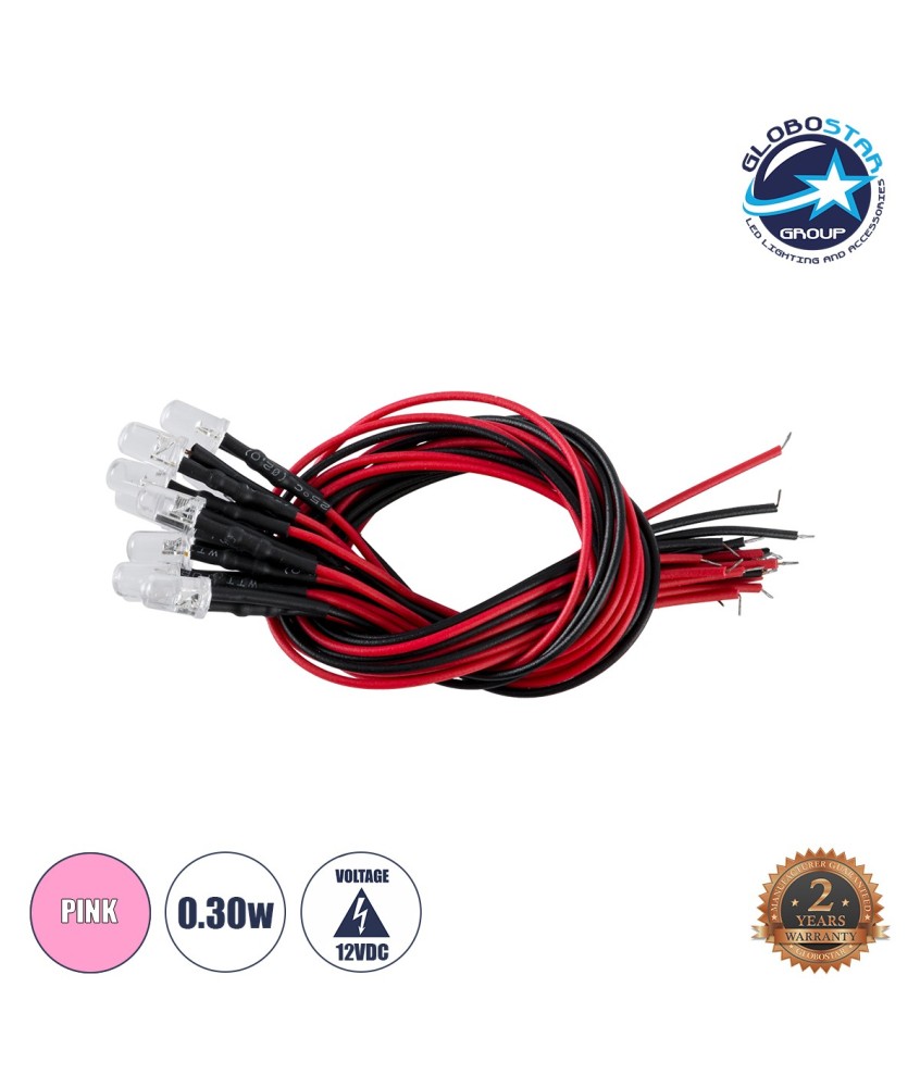 GloboStar® DIODE-LED 73736 Χαμηλής Ισχύος Δίοδος LED 0.3W DC 12V - Φ0.5 x Υ1cm - Ροζ - Dimmable - Συσκευασία 10 Τεμαχίων - 2 Χρόνια Εγγύηση